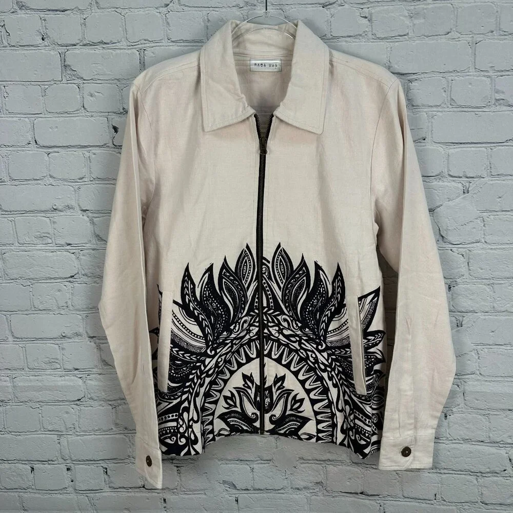 NWOT RAGA MAN‎ Men's Graphic Print Canvas Full Zip Jacket, Size Small, Cream